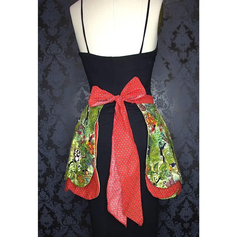 50s Pin Up Style Handmade Apron Red Polka Dot Jungle Theme Tie One Of A Kind